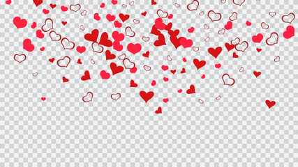 Fototapeta na wymiar A sample of wallpaper design, textiles, packaging, printing, holiday invitation for Valentine's Day. Red hearts of confetti crumbled. Romantic background. Red on Transparent background Vector.
