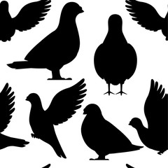 Seamless pattern. Black silhouette. Icon set of Pigeon bird flying and sitting. Flat cartoon character design. Black bird icon. Cute pigeon template. Vector illustration isolated on white background