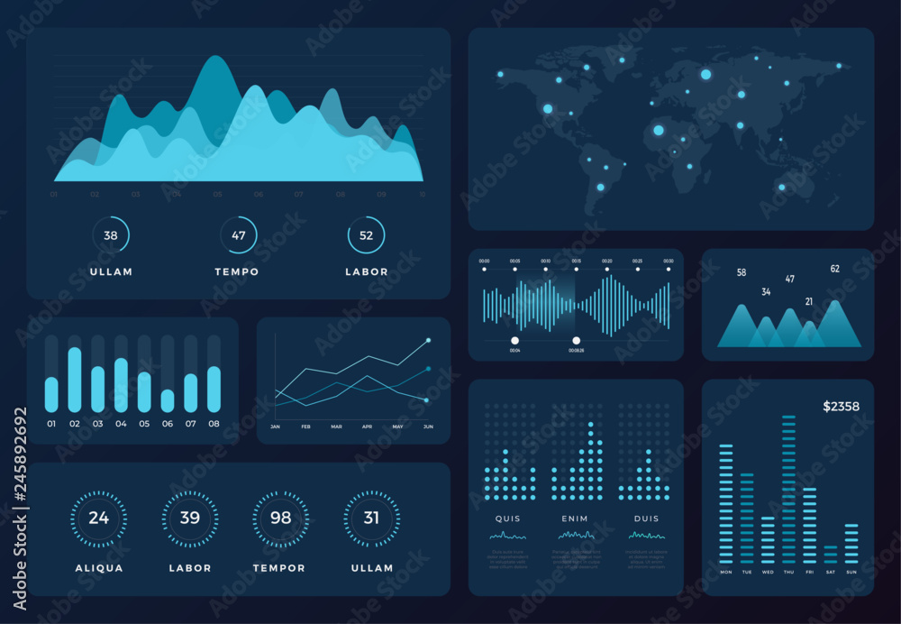 Poster tech chart infographic. futuristic hud diagrams, holographic data bars, abstract graphs on dark back