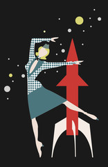 vintage card with space, with rocket and stewardess, vector