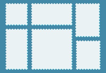 Blank postage stamps set in vintage style. Light stamps and postmarks on blue background. Vector illustration