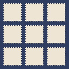 Blank postage stamp vector illustration. Set of stamps and postmarks in vintage style on dark background. Design template