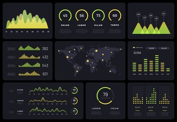 Tech chart infographic diagram vector interface. Futuristic HUD diagrams, holographic data bars, abstract graphs on dark background. Modern ui chart, collection of 3D website vector template analytics - obrazy, fototapety, plakaty