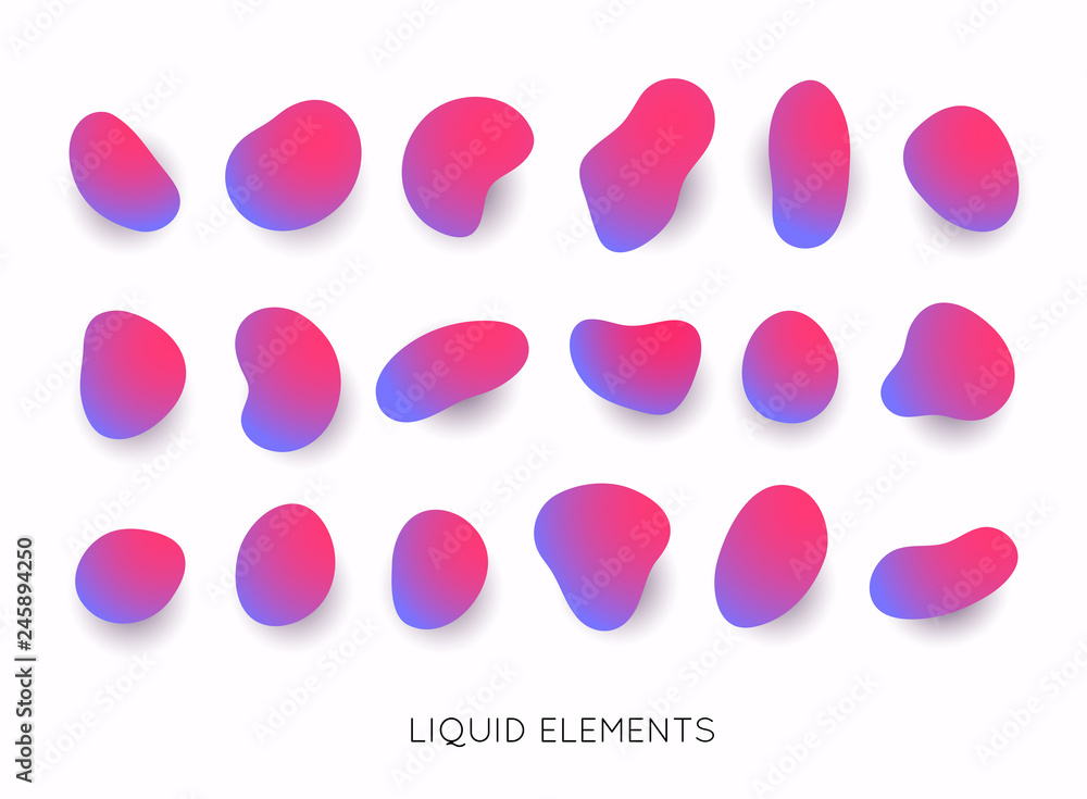 Sticker Set of abstract liquid shape. Gradient iridescent shapes. Set isolated liquid elements of holographic design.