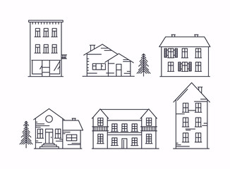 Vector illustration in linear style. Icons and illustrations with buildings, houses and trees. Ideal for business web publications, graphic design. Flat style vector illustration.