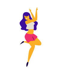 Fototapeta na wymiar Cheerful dancing girl in shorts and tank top. Illustration of a laughing young woman. Character for the dance studio. Flat style. Positive sexy female. Character in the disco.