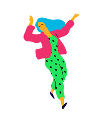 Cheerful dancing girl in a pink jacket. Illustration of a laughing young woman. Character for the dance studio. Flat style. Company logo. Positive happy person.