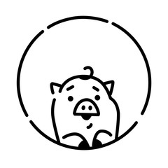 Illustration of a little pig. Linear style. Pig in a circle. Logo, mascot for the company. Piglet baby.