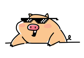 Illustration of a fashionable pig in pixel glasses. Flat style. Character for animation. Comic web postcard.