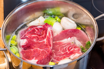 Preparation of beef broth, soup