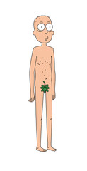 Illustration of naked Adam with a fig leaf. Flat style. Nude young cartoon man.