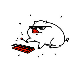 An illustration of a fat cute pig with a DJ.  Flat style. Pig musician DJ. Character for music store and animation.