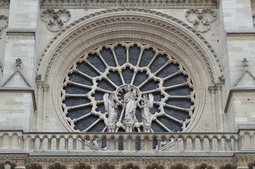 Detail of the Facade of The Metropolitan Cathedral of Our Lady also known as Notre-Dame Cathedral or simply Notre-Dame, is the main Catholic place of worship in Paris. France