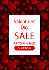 Valentines day vertical sale banner on red heart background. Valentines day design for banners, flyers, newsletters, postcards. Space for text. Vector illustration.