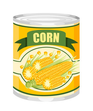 Corn in aluminum can. Canned sweet corn with corn cob logo. Product for supermarket and shop. Flat vector illustration isolated on white background