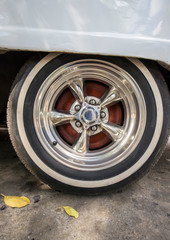 The beautiful vintage rims on a wheel in silver color