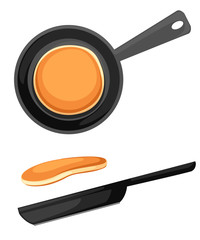 Flying pancakes and frying pan. Flat vector illustration isolated on white background. Breakfast icon