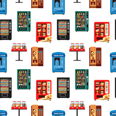 Obraz premium Seamless pattern vending machines full of products, dispensers collection with water candy cigarettes snacks coffee hot food on white background - flat vector illustration