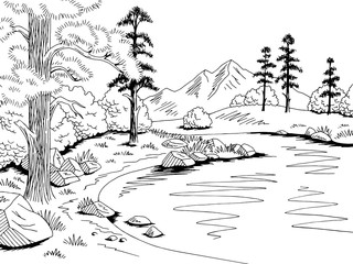 Mountain lake graphic black white landscape sketch illustration vector