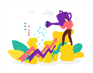 Illustration of a broker of a financier with a watering can who watches the growth of stocks and benefits. Flat style. The investor cares about their money. Revenue growth.