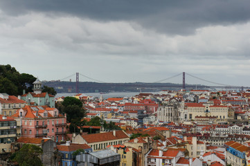 Fototapeta na wymiar Roof top view over the city of Lisbon with colourful houses, red rooftops and the Vasco da Gama Bridge. Cityscape from Miradouro da Graça viewpoint, a well known gathering point for tourists.