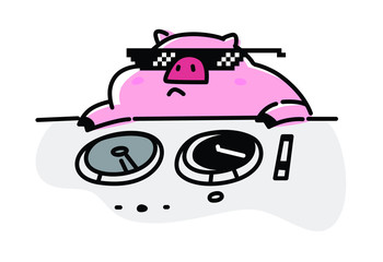 Illustration of a fashionable pig in pixel glasses. Vector. Flat style. Pig DJ, meme. Character for animation. Comic web postcard.