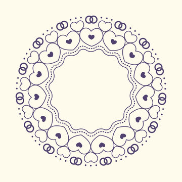 Round frame with decorative elements. Wedding card with border heart. Vector illustration.Classic openwork wedding retro design with hearts. lovely frame.