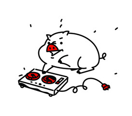 An illustration of a fat cute pig with a DJ. Vector. Flat style. Pig musician DJ. Character for music store and animation.