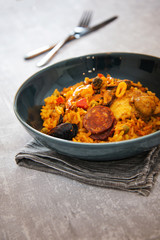 Prawn with rice - closeup of prawn with rice - traditionnal spanish food paella