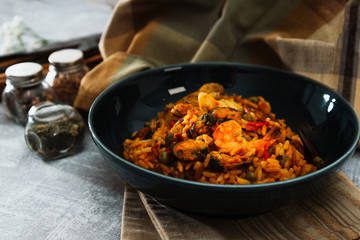 Prawn with rice - closeup of prawn with rice - traditionnal spanish food paella