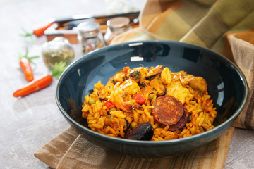 Prawn with rice - closeup of prawn with rice - traditionnal spanish food paella