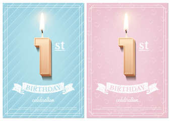 Burning number 1 birthday candle with vintage ribbon and birthday celebration text on textured blue and pink backgrounds in postcard format. Vector vertical first birthday invitation templates.