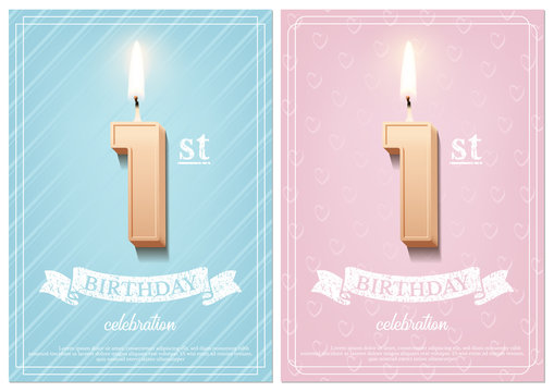 Burning number 1 birthday candle with vintage ribbon and birthday celebration text on textured blue and pink backgrounds in postcard format. Vector vertical first birthday invitation templates.