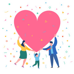 Happy family with big red heart. Dad mom and son hold a symbol of love