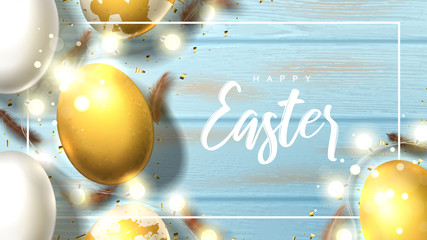 Greeting Easter web banner. Beautiful background with realistic white and gold Easter eggs, sparkling golden confetti, shining garlands and chicken feathers. Holiday vector illustration.