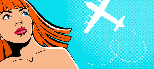 The girl looks at the sky on the plane. Woman in the pop art comics style.