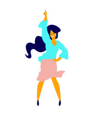 Cheerful dancing girl. Vector. Illustration of a laughing young woman. Character for the dance studio. Flat style. Employee number one. The boss of the company.