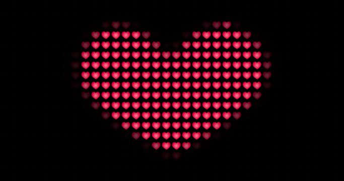 A big heart of red hearts increases and decreases on a black background, looped