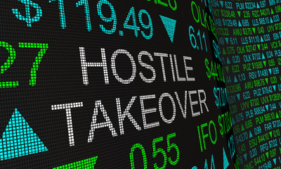 Hostile Takeover Share Buyout Stock Market Ticker Words 3d Illustration