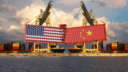 Concept of trade confrontation between China and USA. The landing of containers with US and Chinese...