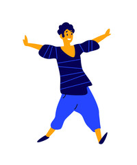 Fototapeta premium Cheerful positive guy. Vector. Illustration of a dancing young man. Character for the dance studio. Flat style. Company logo. Movement is life. Positive happy person.