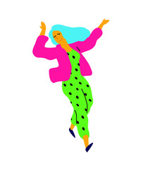 Cheerful dancing girl in a pink jacket. Vector. Illustration of a laughing young woman. Character for the dance studio. Flat style. Company logo. Positive happy person.