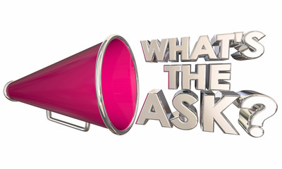 Whats the Ask Request Need Bullhorn Megaphone Words Question 3d Illustration