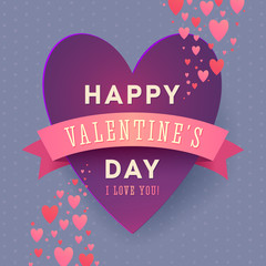 Happy Valentines Day Heart Poster with Ribbon and Little Hearts. Vector Illustration