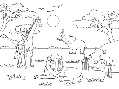 Children drawing. Animals of Africa, mainland mammals, zoo. Vector  Coloring, black and white coloring. Stock Vector | Adobe Stock