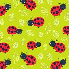 Red ladybug seamless pattern. Happy animal. Vector illustration, cartoon baby style.