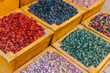 Dried tea rose flowers. Dried tea rose buds for Moroccan (Oriental Arabic) tea on the market in Marrakech (Morocco)
