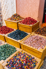 Dried tea rose flowers. Dried tea rose buds for Moroccan (Oriental Arabic) tea on the market in Marrakech (Morocco)