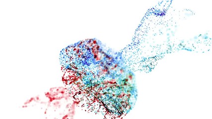 collision of two streams of particles in 4k. ink effect advection. Conffeti in stream of invisible ink in water. 3d render with depth of field, luma matte as alpha channel. Blue red streams 12