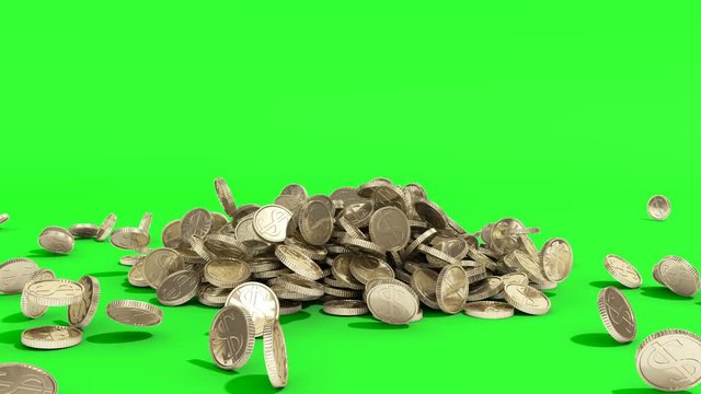 money coins fall in stacks on ground on green screen